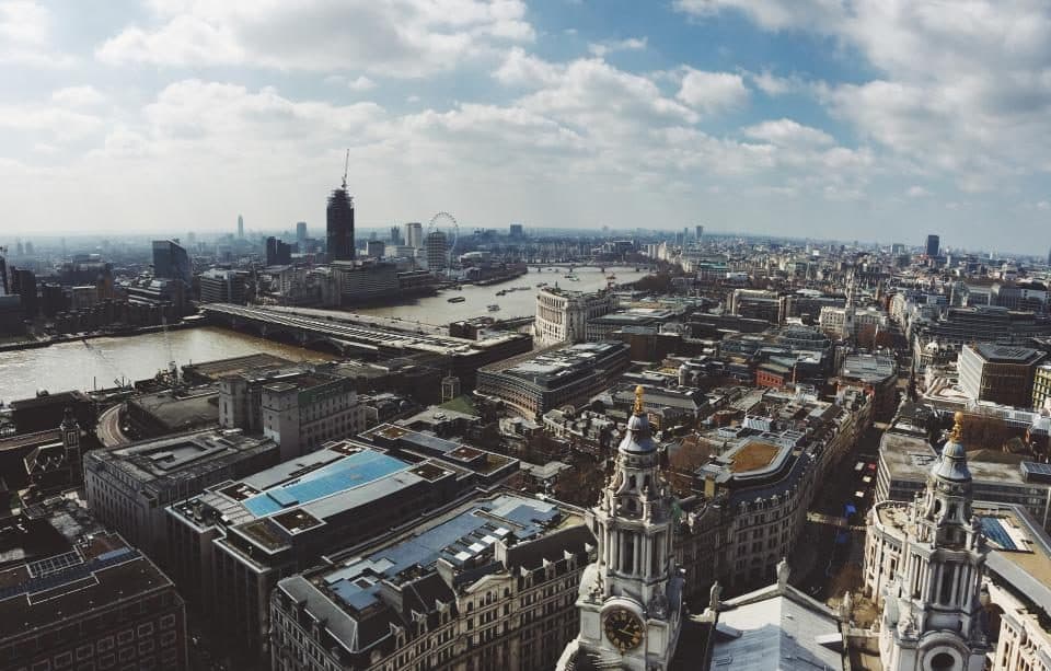 The City of London seen from above, the Thames and the financial district in one frame.